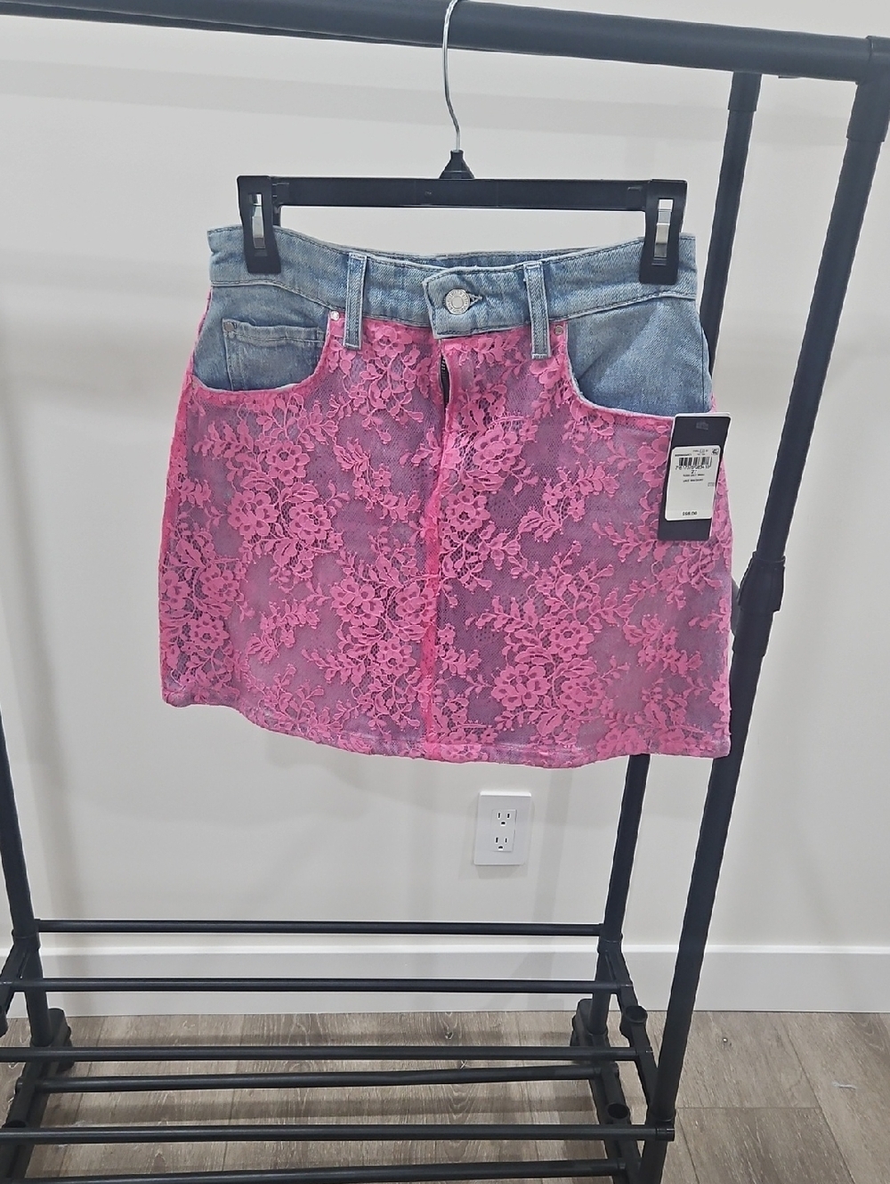 Guess Pink Lace-Overlay Denim Mini Skirt